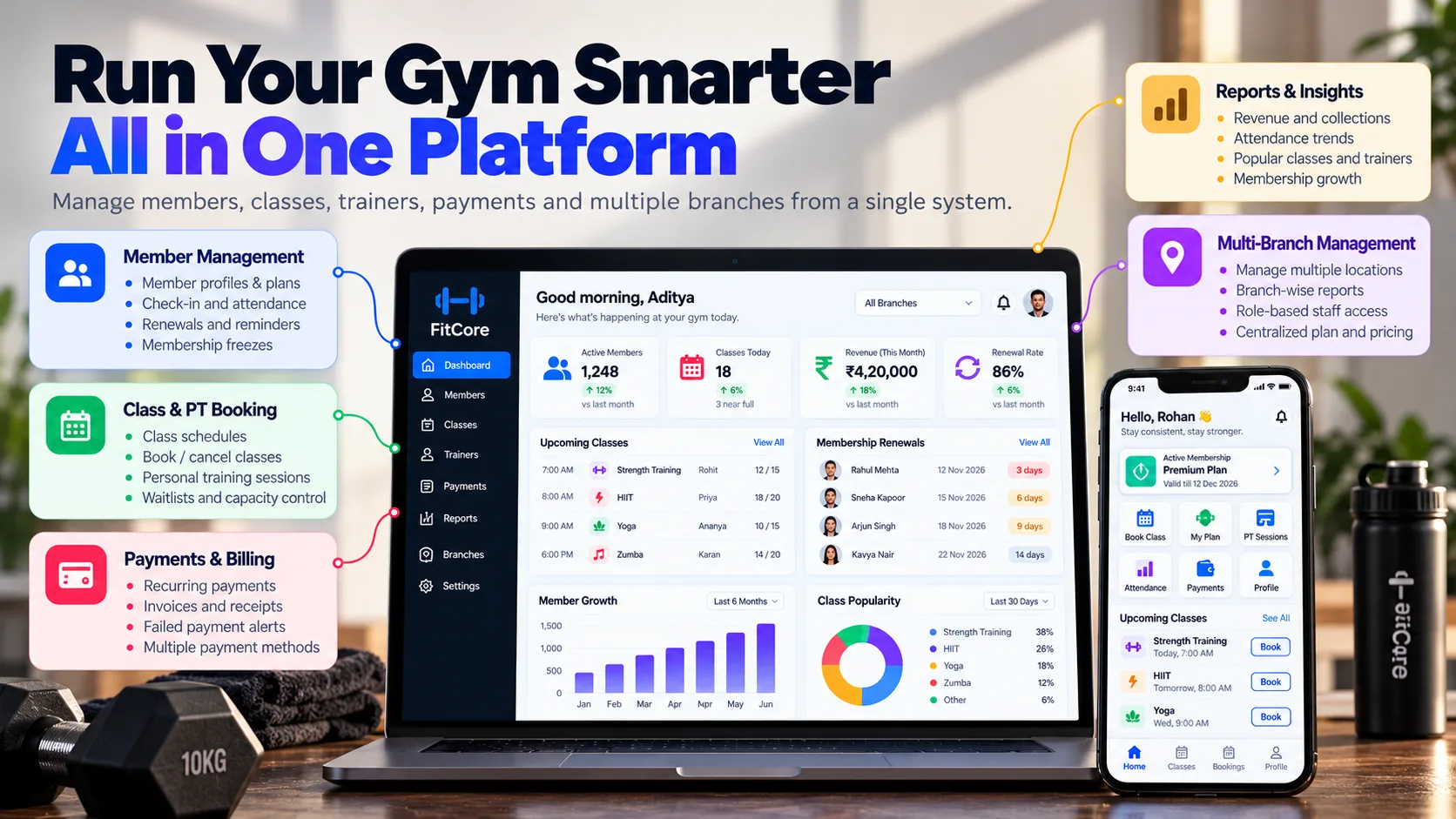 Custom gym management software dashboard showing memberships, class scheduling, payments, member mobile app and business analytics.